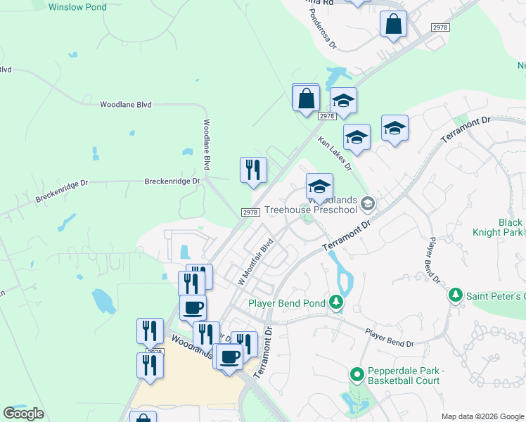 map of restaurants, bars, coffee shops, grocery stores, and more near 26 Planchard Court in The Woodlands