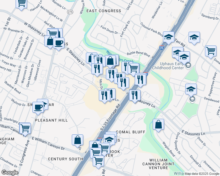map of restaurants, bars, coffee shops, grocery stores, and more near 701 East Stassney Lane in Austin
