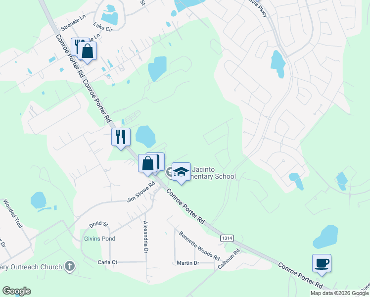 map of restaurants, bars, coffee shops, grocery stores, and more near 17385 Farm to Market Road 1314 in Conroe