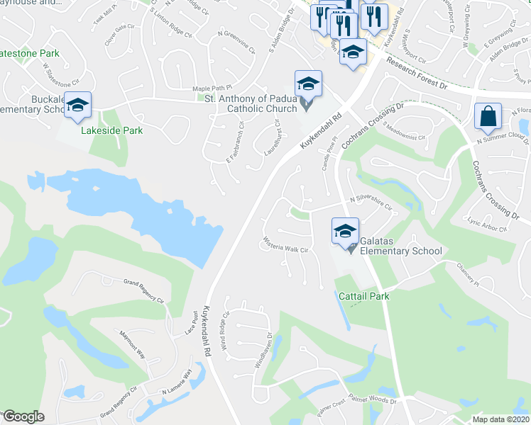 map of restaurants, bars, coffee shops, grocery stores, and more near 139 Wisteria Walk Circle in Spring