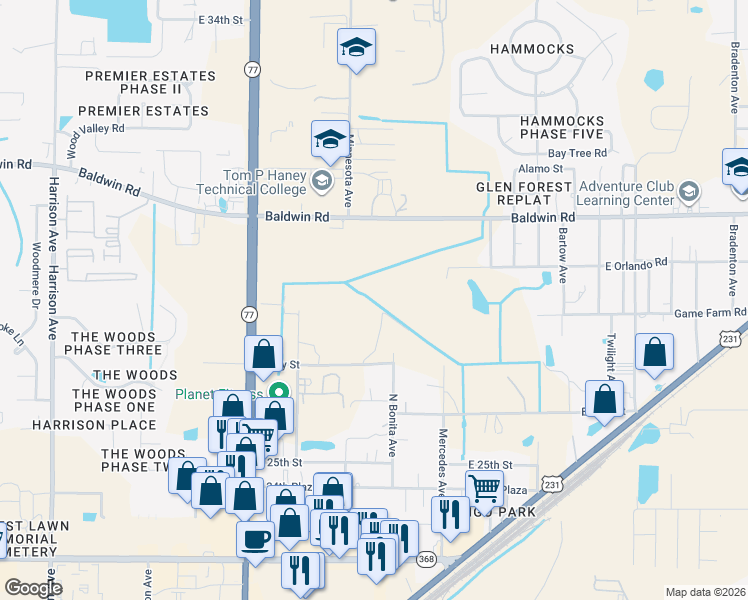 map of restaurants, bars, coffee shops, grocery stores, and more near 904 East Baldwin Road in Panama City