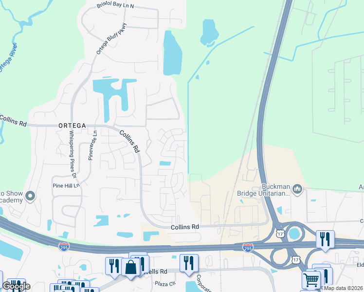 map of restaurants, bars, coffee shops, grocery stores, and more near Tollgate Tl in Jacksonville