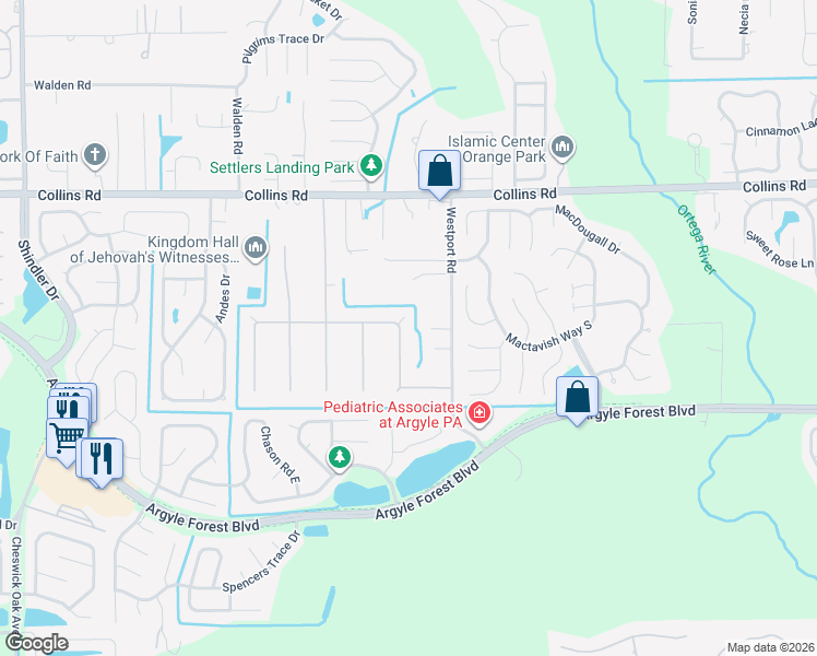 map of restaurants, bars, coffee shops, grocery stores, and more near 8111 Cayuga Trail East in Jacksonville