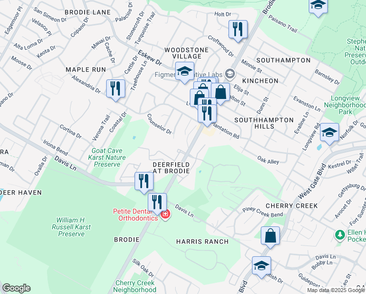 map of restaurants, bars, coffee shops, grocery stores, and more near 8410 Hornet Drive in Austin