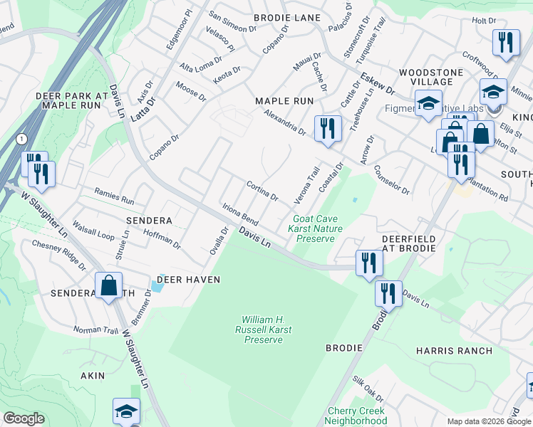 map of restaurants, bars, coffee shops, grocery stores, and more near 4007 Cortina Drive in Austin