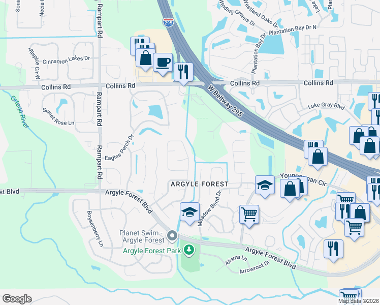 map of restaurants, bars, coffee shops, grocery stores, and more near 8125 Coralberry Lane in Jacksonville