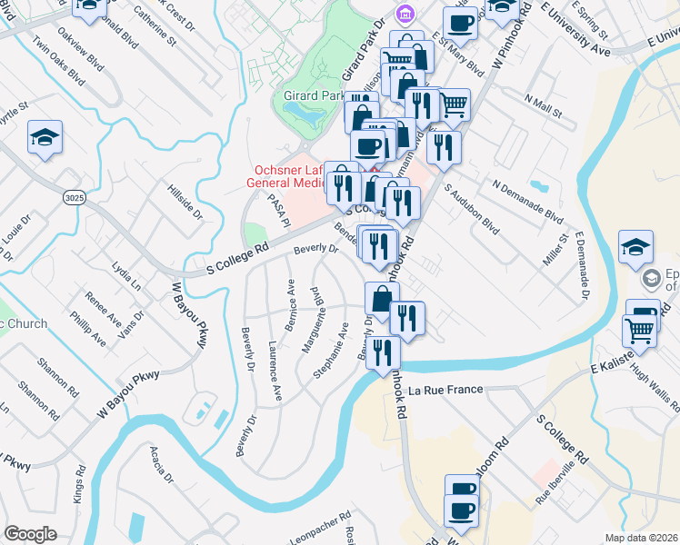 map of restaurants, bars, coffee shops, grocery stores, and more near 103 Stephanie Avenue in Lafayette