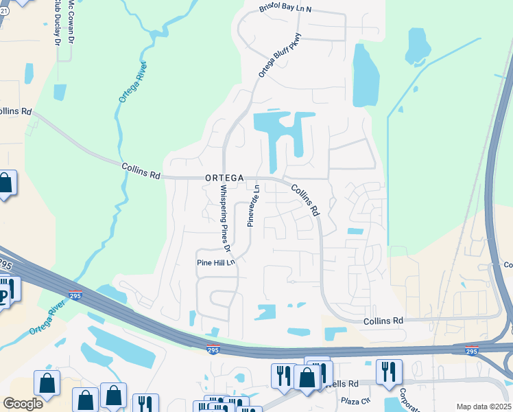 map of restaurants, bars, coffee shops, grocery stores, and more near 8271 Pineverde Lane in Jacksonville