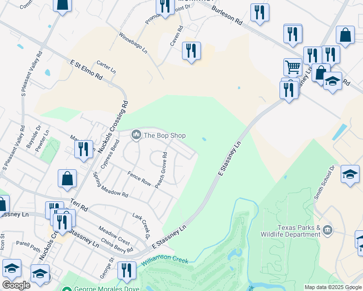 map of restaurants, bars, coffee shops, grocery stores, and more near 5711 Viewpoint Drive in Austin
