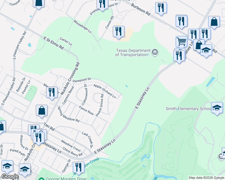 map of restaurants, bars, coffee shops, grocery stores, and more near 5709 Viewpoint Drive in Austin
