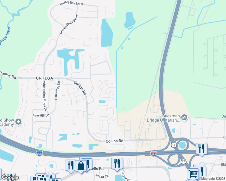 map of restaurants, bars, coffee shops, grocery stores, and more near Tollgate Tl in Jacksonville