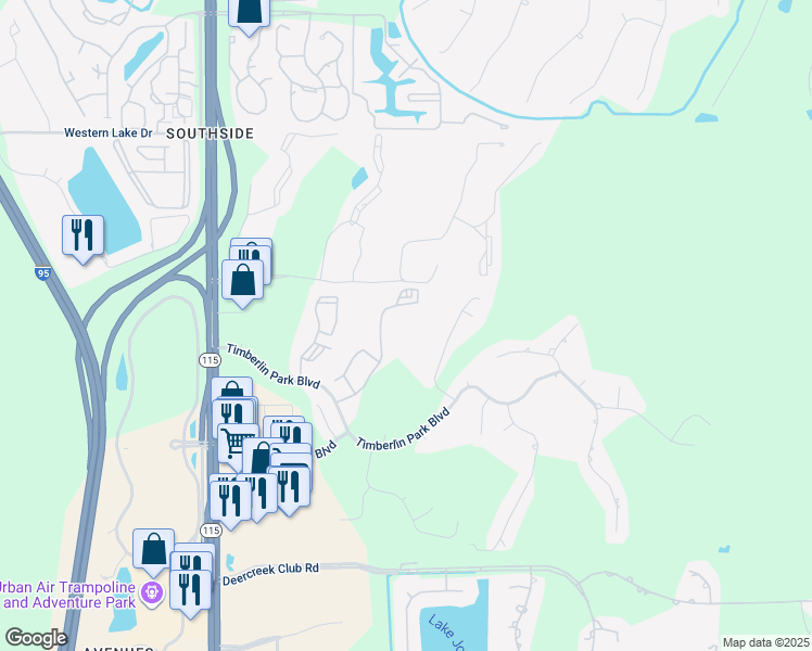 map of restaurants, bars, coffee shops, grocery stores, and more near 7701 Timberlin Park Boulevard in Jacksonville