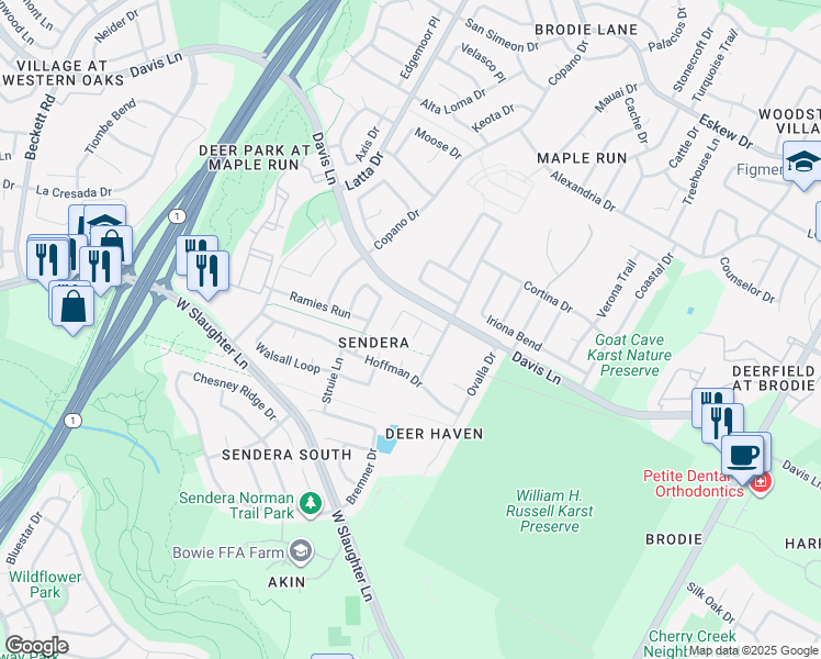 map of restaurants, bars, coffee shops, grocery stores, and more near 8908 Campo Verde Court in Austin