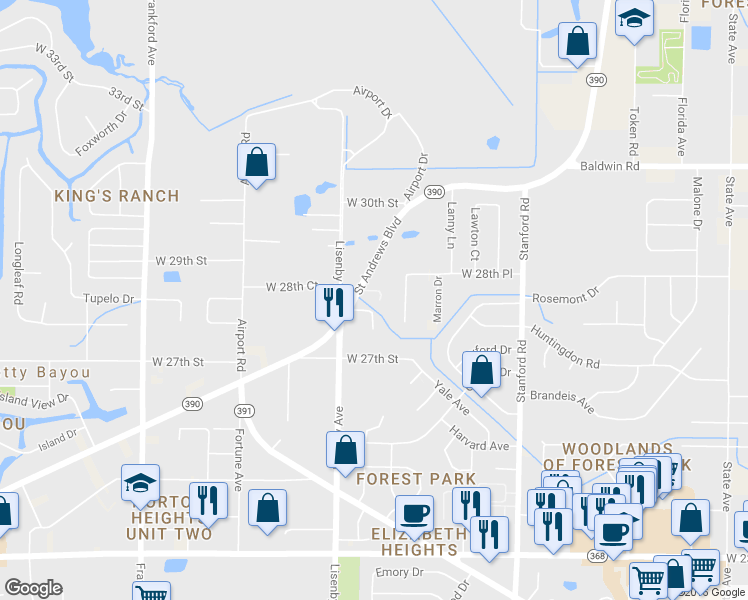 map of restaurants, bars, coffee shops, grocery stores, and more near 1334 Saint Andrews Boulevard in Panama City