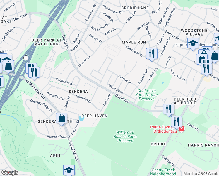 map of restaurants, bars, coffee shops, grocery stores, and more near 4213 Iriona Bend in Austin