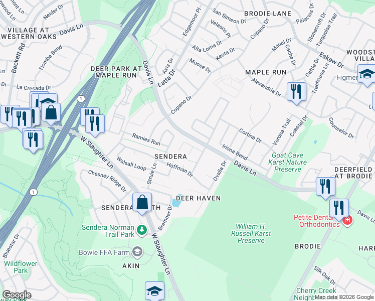 map of restaurants, bars, coffee shops, grocery stores, and more near 8908 Campo Verde Court in Austin