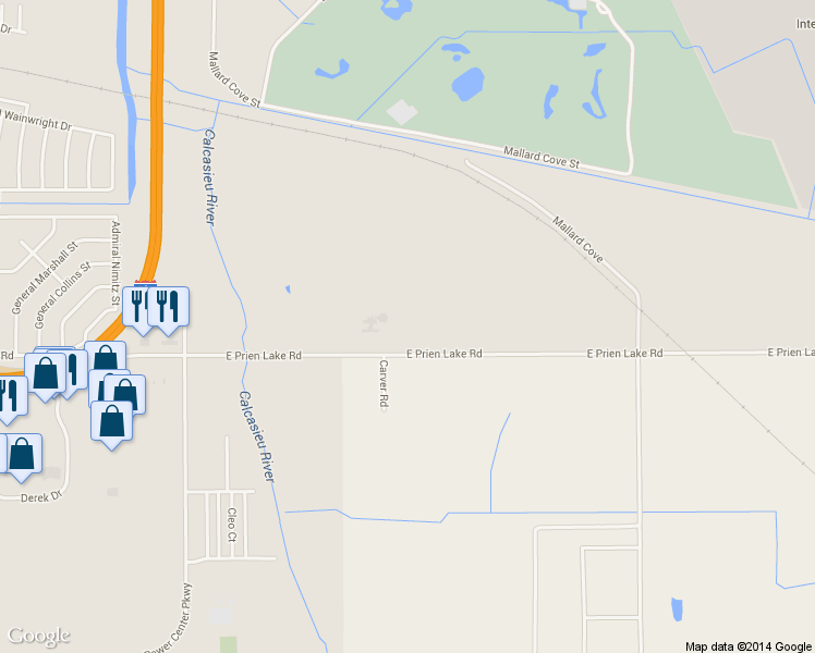 map of restaurants, bars, coffee shops, grocery stores, and more near 3725 East Prien Lake Road in Lake Charles