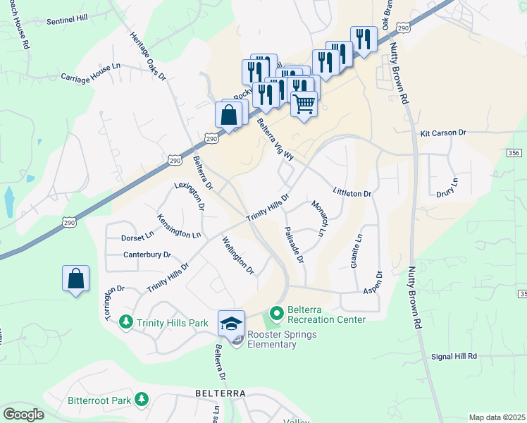 map of restaurants, bars, coffee shops, grocery stores, and more near 742 Trinity Hills Drive in Austin