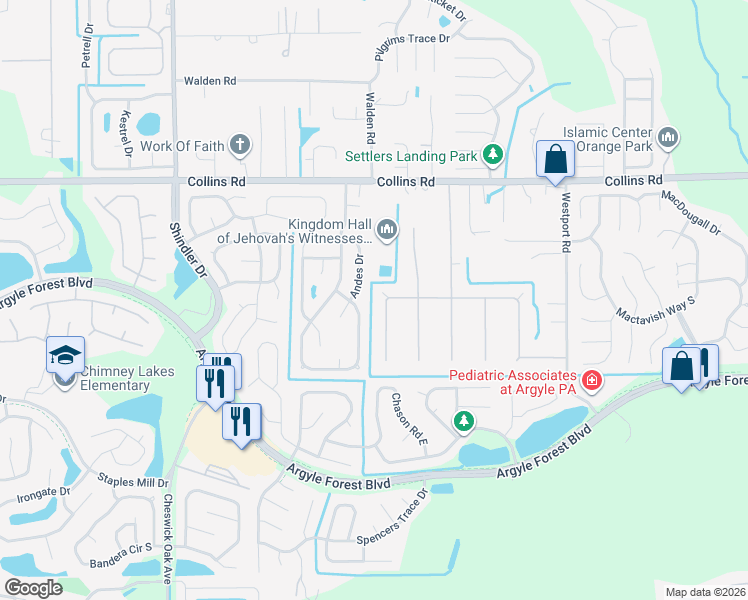 map of restaurants, bars, coffee shops, grocery stores, and more near 8106 Cayuga Trail West in Jacksonville
