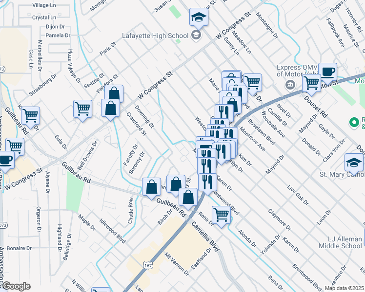 map of restaurants, bars, coffee shops, grocery stores, and more near 400 West Brentwood Boulevard in Lafayette