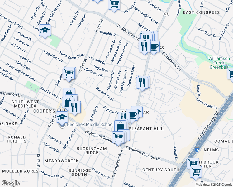 map of restaurants, bars, coffee shops, grocery stores, and more near 6213 Idlewood Cove in Austin