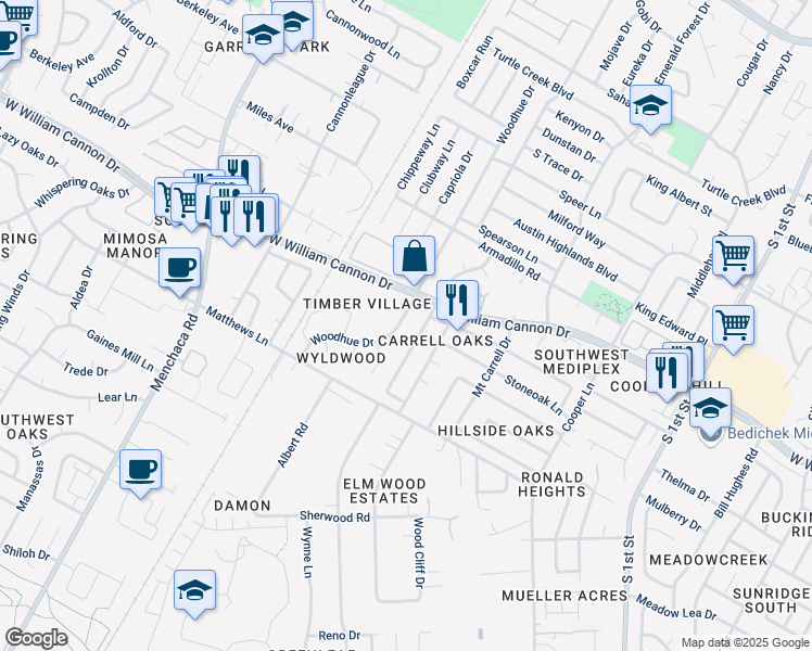 map of restaurants, bars, coffee shops, grocery stores, and more near 6806 Windrift Way in Austin