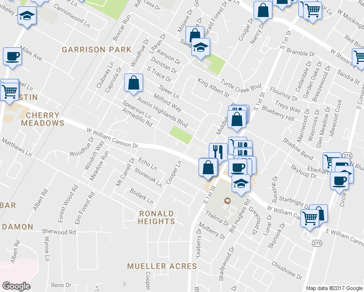 map of restaurants, bars, coffee shops, grocery stores, and more near 901 Armadillo Road in Austin