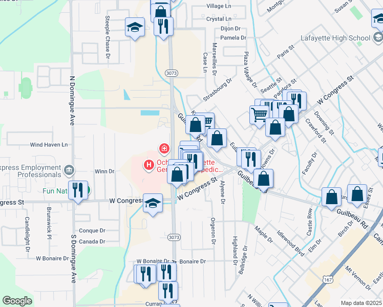 map of restaurants, bars, coffee shops, grocery stores, and more near 113 Independence Boulevard in Lafayette
