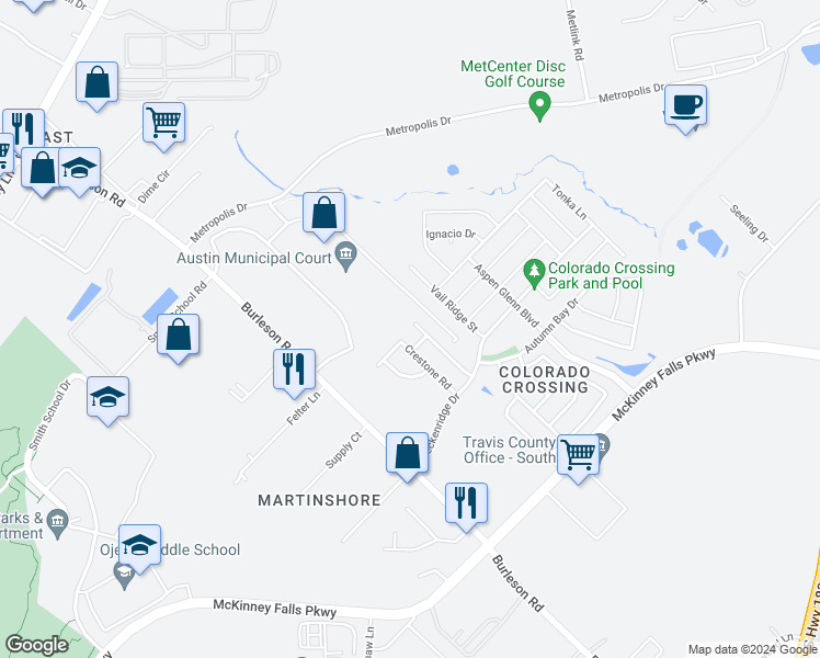 map of restaurants, bars, coffee shops, grocery stores, and more near 7009 Outfitter Drive in Austin