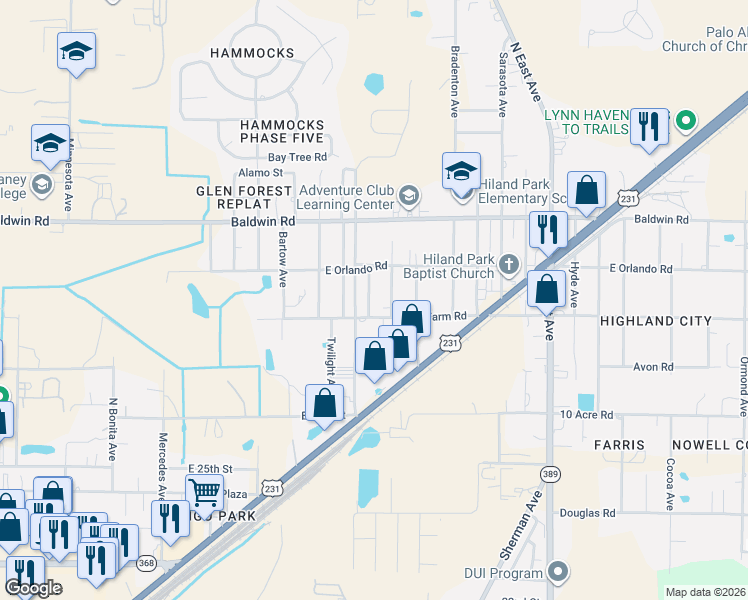 map of restaurants, bars, coffee shops, grocery stores, and more near 2815 Evelyn Avenue in Panama City