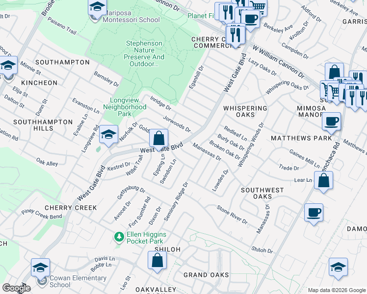 map of restaurants, bars, coffee shops, grocery stores, and more near 2616 Aylesbury Lane in Austin