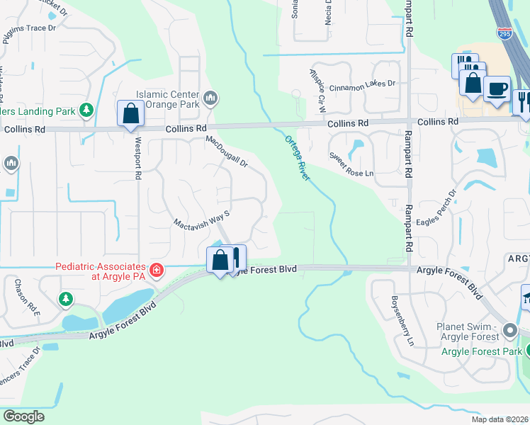 map of restaurants, bars, coffee shops, grocery stores, and more near 7679 Coatbridge Terrace in Jacksonville