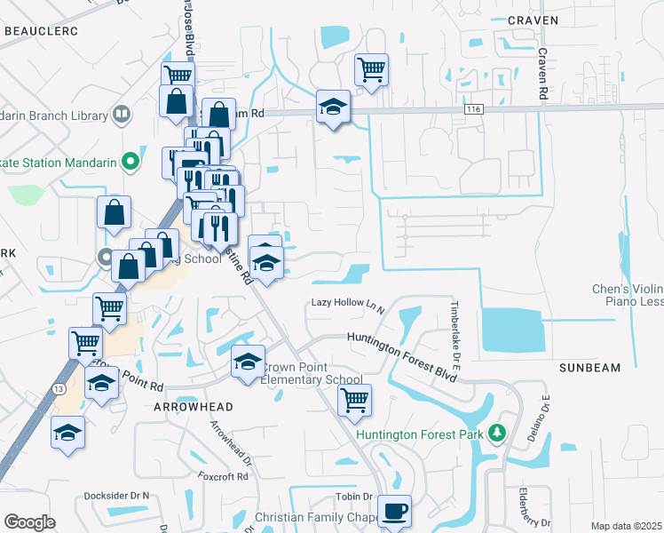 map of restaurants, bars, coffee shops, grocery stores, and more near 4083 Stillwood Drive in Jacksonville