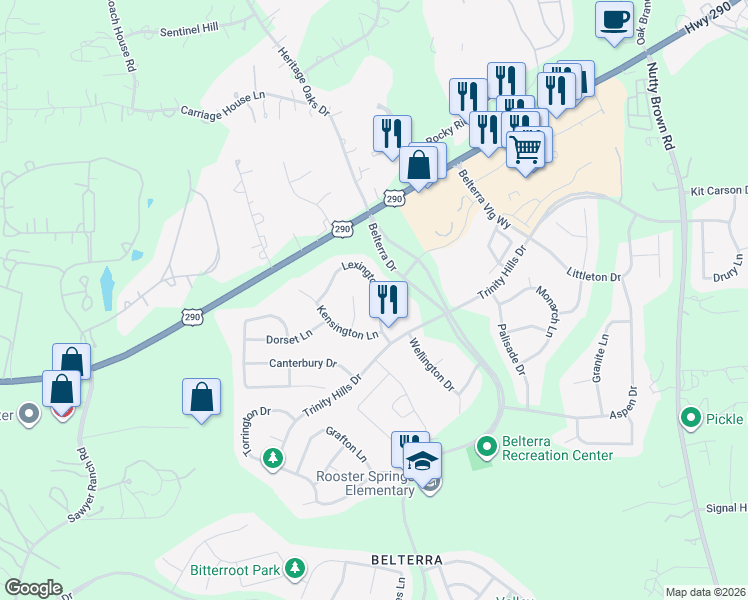 map of restaurants, bars, coffee shops, grocery stores, and more near 180 Lexington Drive in Austin