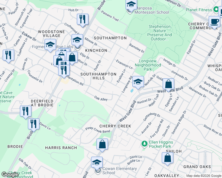 map of restaurants, bars, coffee shops, grocery stores, and more near 8102 Nottaway Cove in Austin