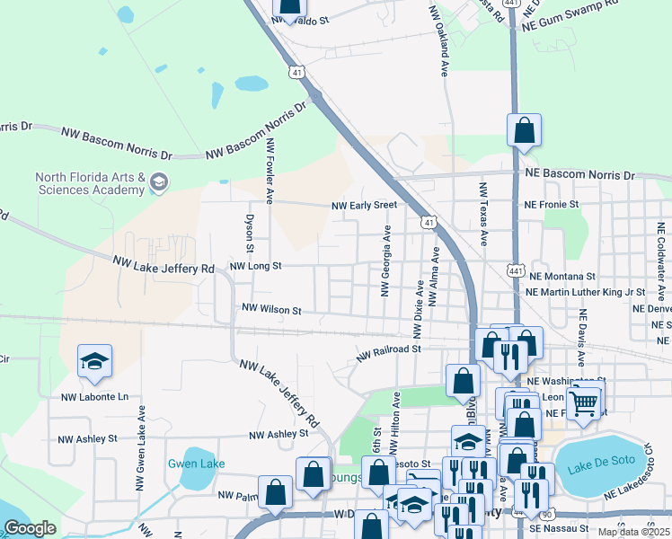 map of restaurants, bars, coffee shops, grocery stores, and more near 612 Northwest Long Street in Lake City