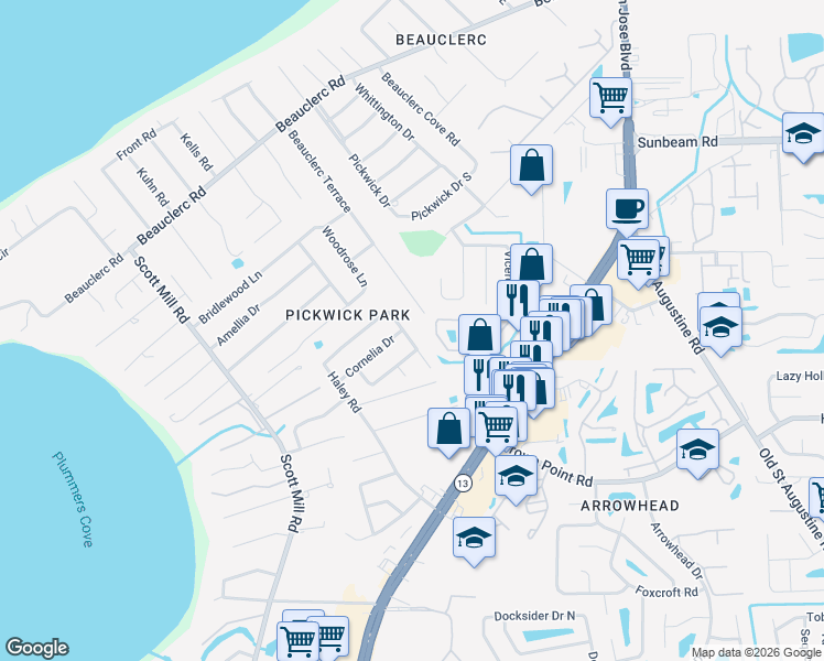 map of restaurants, bars, coffee shops, grocery stores, and more near 9921 Merlin Drive North in Jacksonville