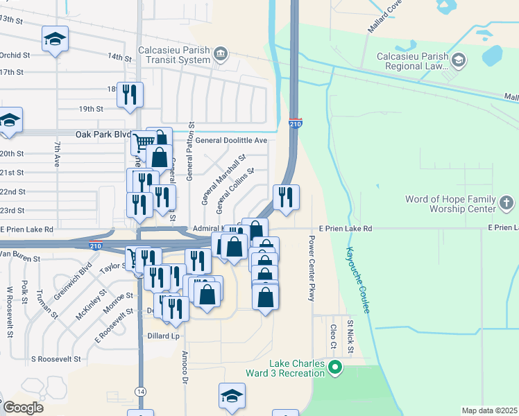 map of restaurants, bars, coffee shops, grocery stores, and more near 3113 Admiral King St in Lake Charles