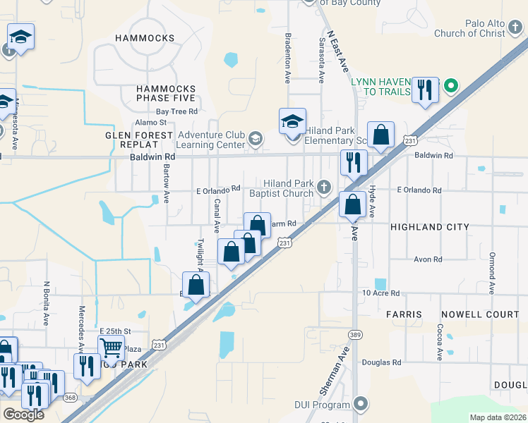 map of restaurants, bars, coffee shops, grocery stores, and more near 2816 Edward Avenue in Panama City
