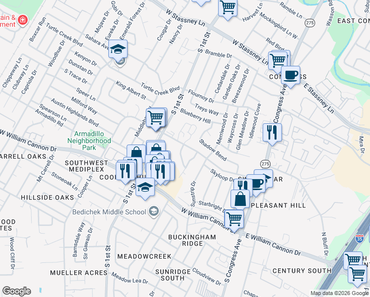 map of restaurants, bars, coffee shops, grocery stores, and more near 6401 South Meadows Boulevard in Austin