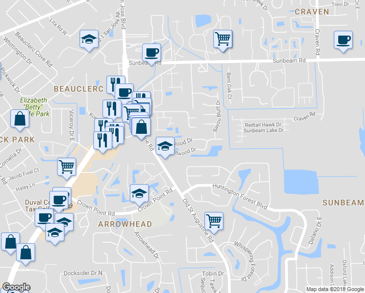 map of restaurants, bars, coffee shops, grocery stores, and more near 4026 Laurelwood Drive in Jacksonville