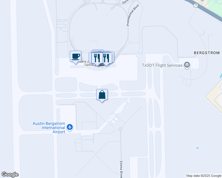 map of restaurants, bars, coffee shops, grocery stores, and more near 9220 Rental Car Lane in Austin