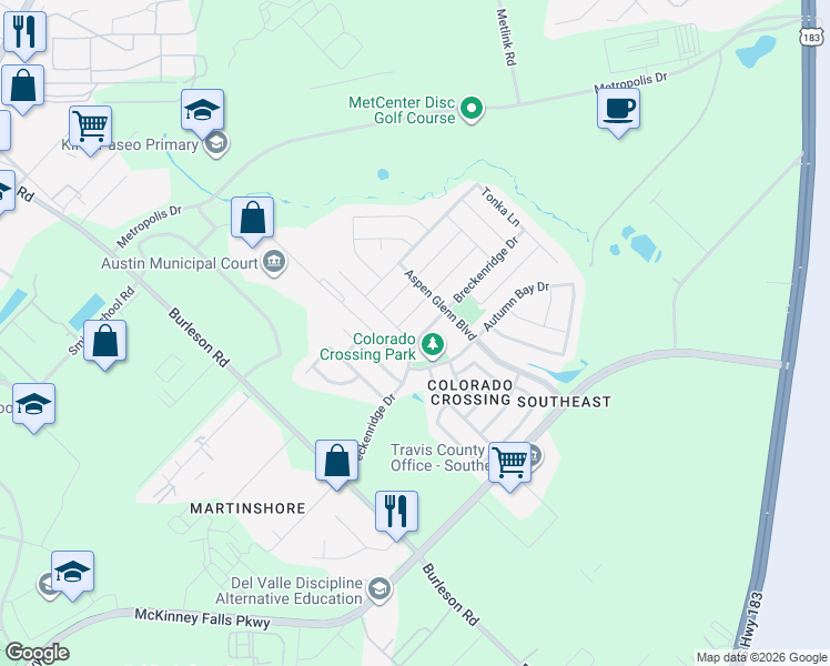 map of restaurants, bars, coffee shops, grocery stores, and more near 3904 Breckenridge Drive in Austin