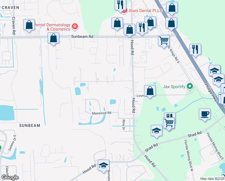 map of restaurants, bars, coffee shops, grocery stores, and more near 4910 Reed Avenue in Jacksonville