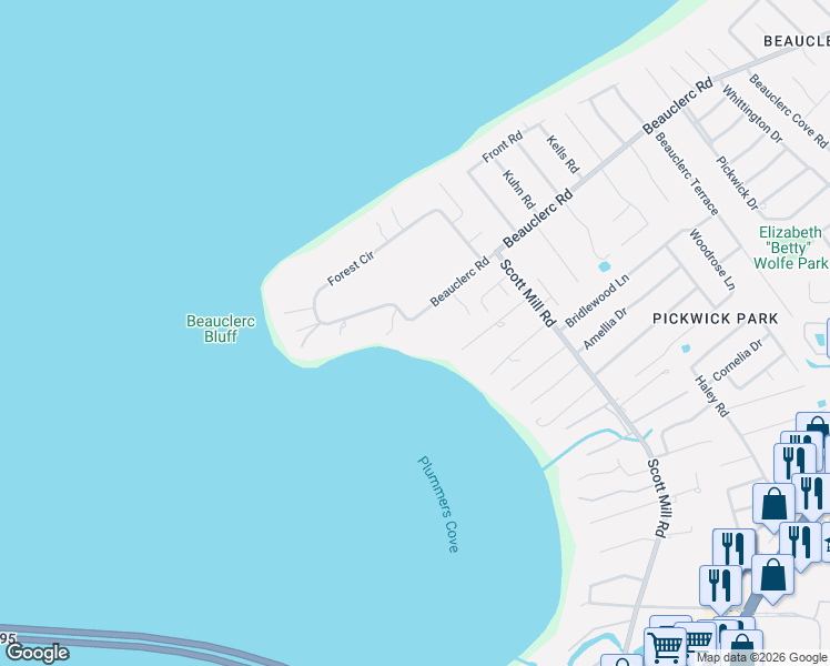 map of restaurants, bars, coffee shops, grocery stores, and more near 2648 Beauclerc Road in Jacksonville
