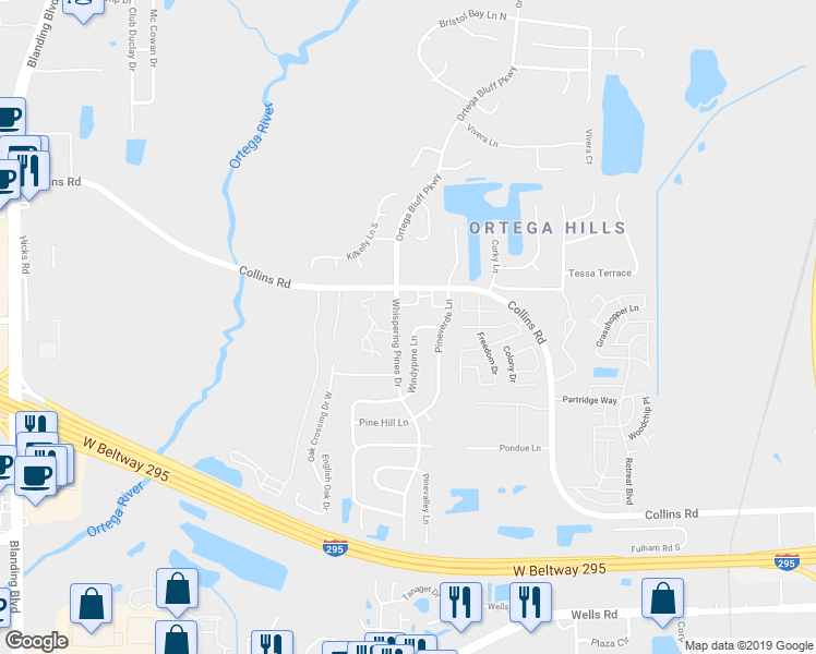 map of restaurants, bars, coffee shops, grocery stores, and more near 8244 Windypine Lane in Jacksonville