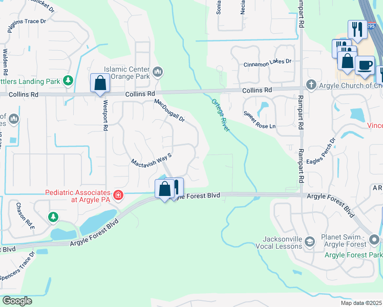 map of restaurants, bars, coffee shops, grocery stores, and more near 8098 Coatbridge Lane East in Jacksonville
