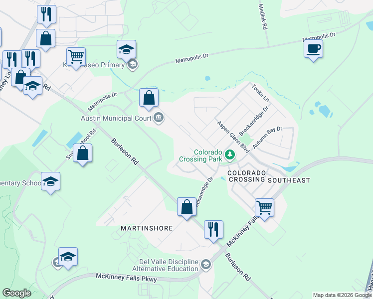 map of restaurants, bars, coffee shops, grocery stores, and more near 7020 Outfitter Drive in Austin