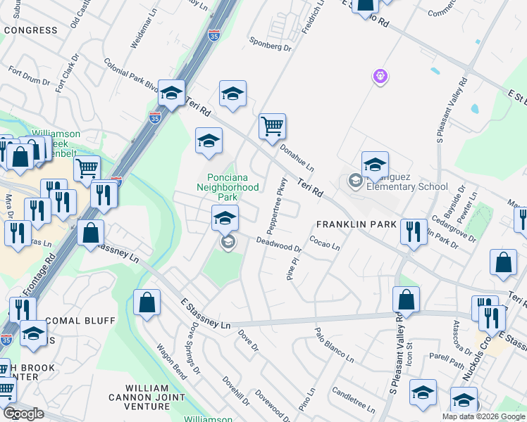 map of restaurants, bars, coffee shops, grocery stores, and more near 2009 Ponciana Loop in Austin