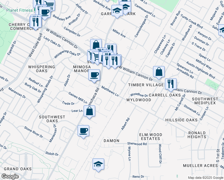 map of restaurants, bars, coffee shops, grocery stores, and more near 1806A Matthews Lane in Austin